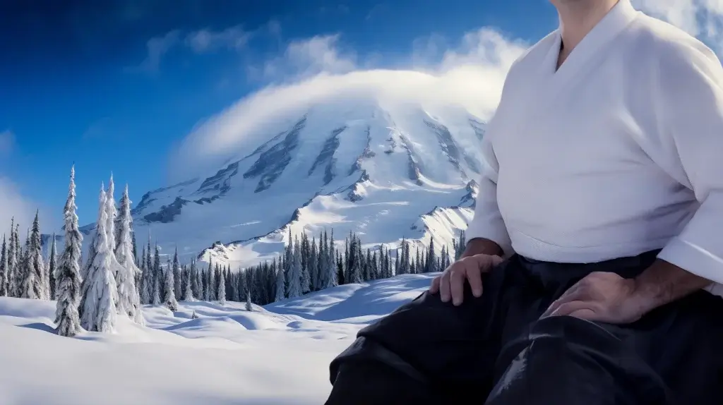 En seiza devant un paysage enneigé